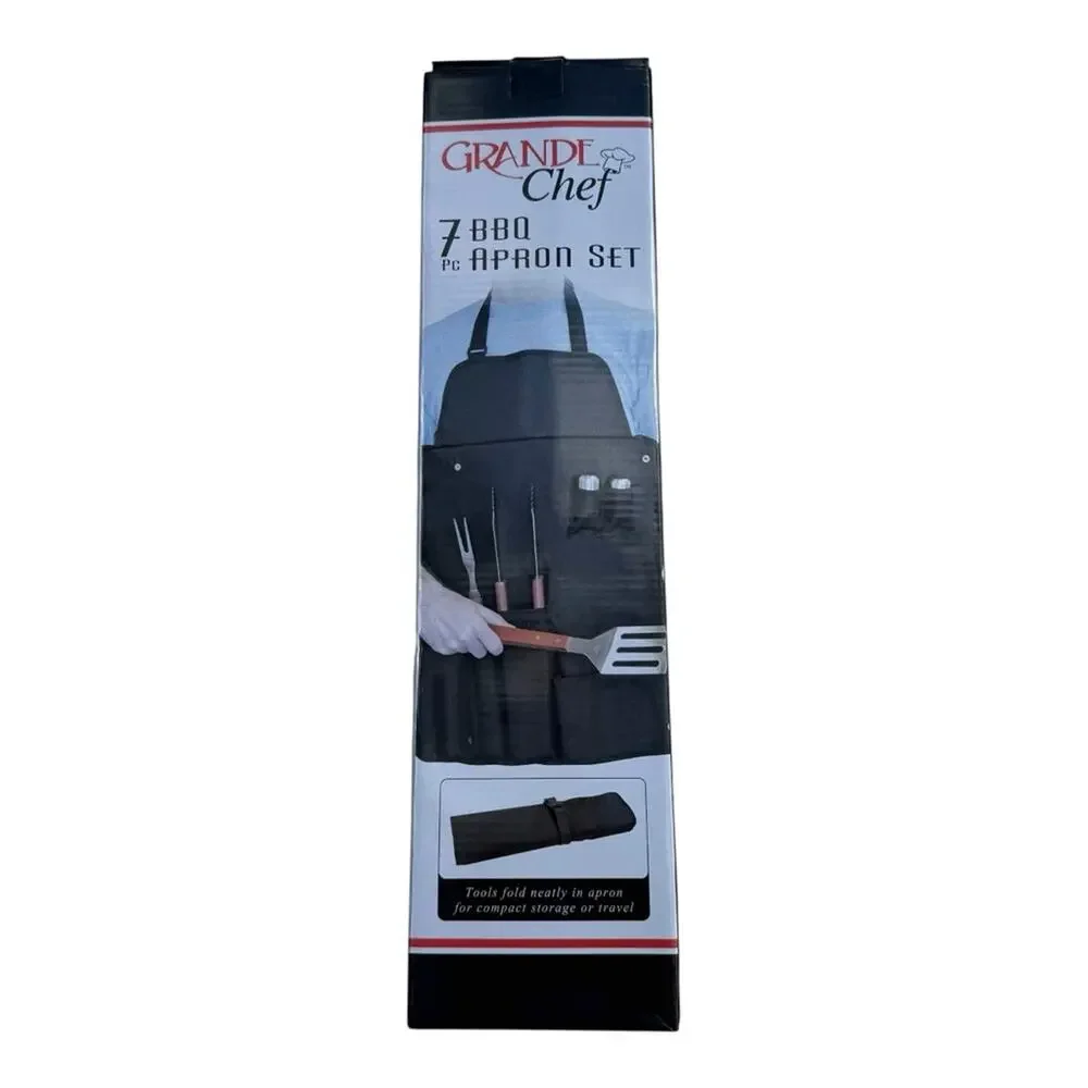 7pc BBQ Grill Tool Set With Apron Grande Chef Barbecue Grilling Utensils Kit NEW